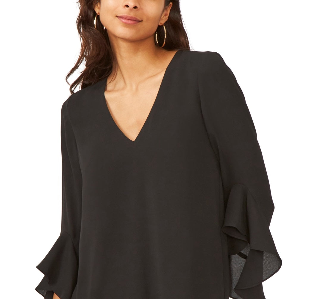 Vince Camuto Blusa feminina com manga trompete, preta, tamanho médio