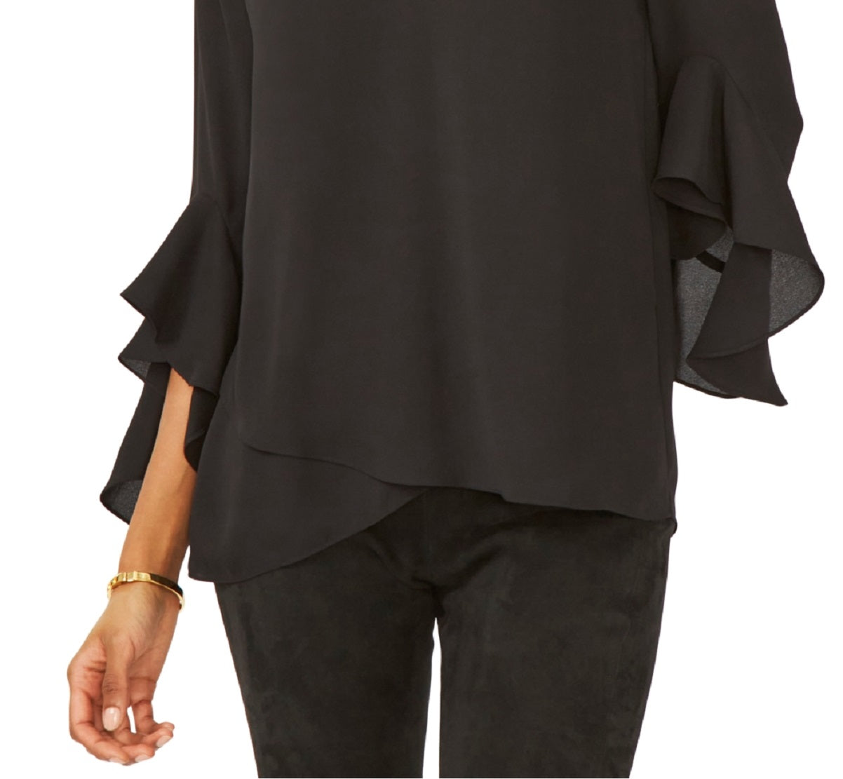 Vince Camuto Blusa feminina com manga trompete, preta, tamanho médio