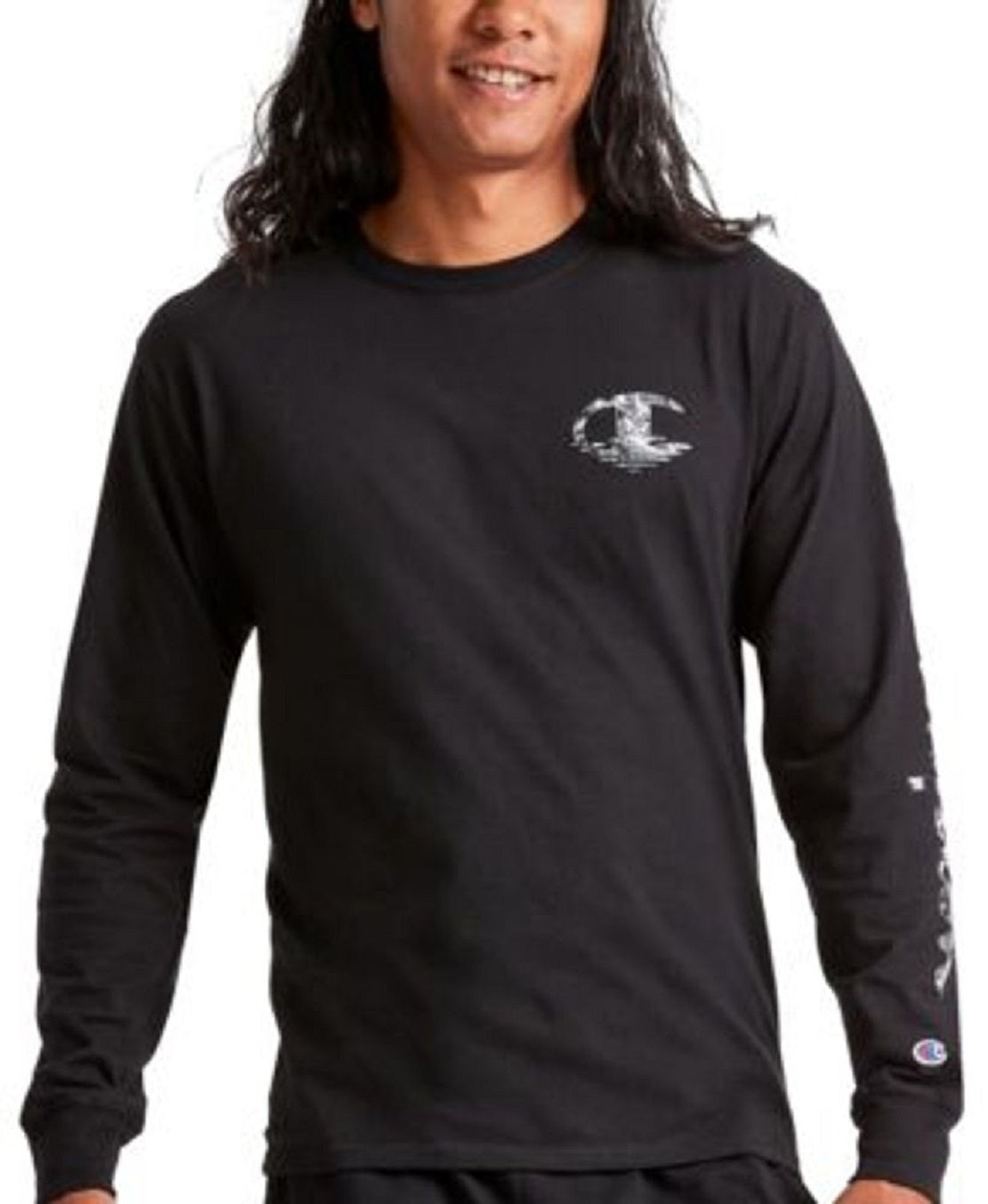 Camiseta masculina Champion com logotipo gráfico de manga comprida, preta, tamanho XXX-G