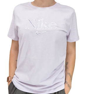 Camiseta Nike Feminina com Logo Stretch, Manga Curta e Gola Redonda, Roxa, Tamanho 1X