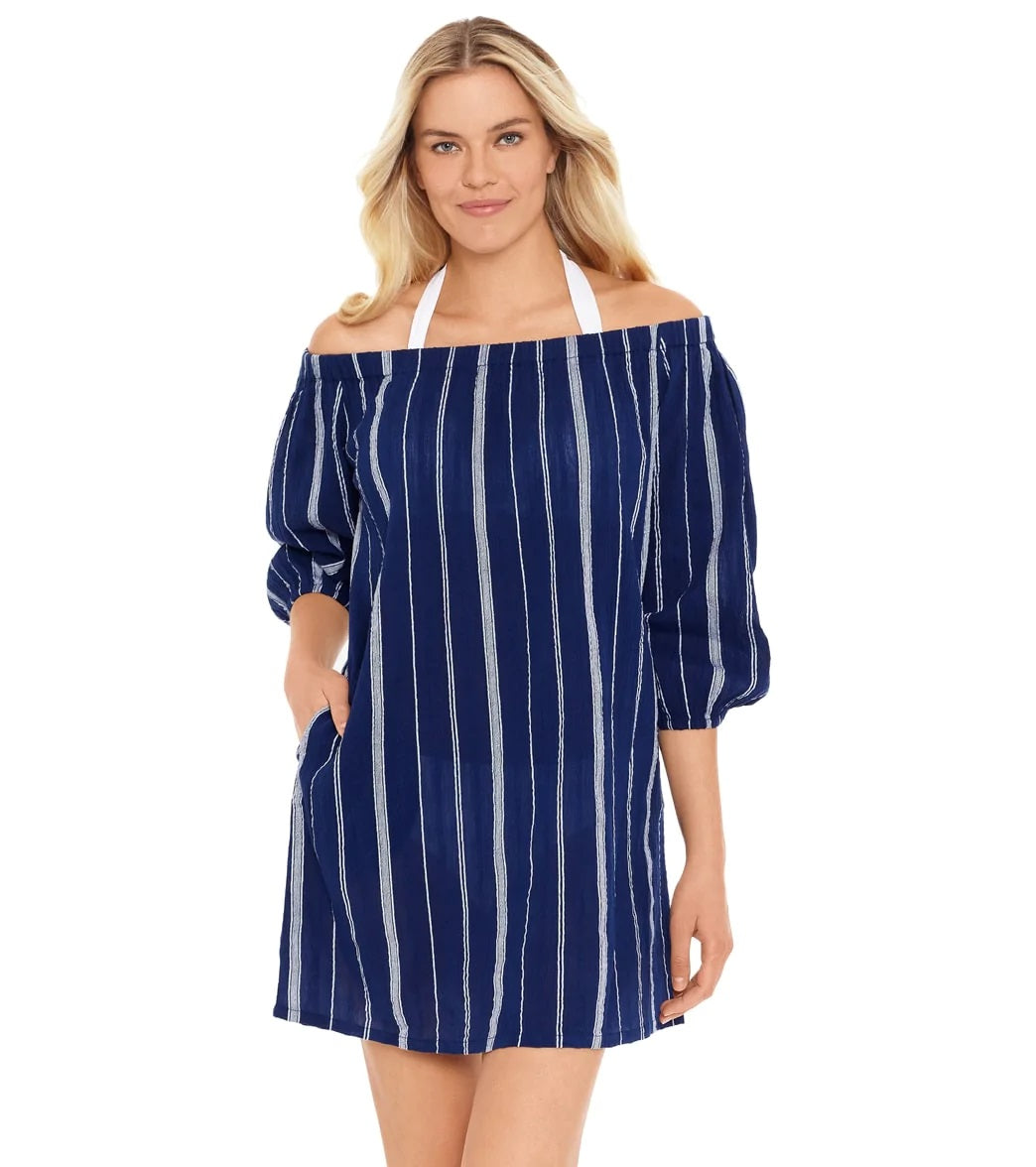 Vestido Ralph Lauren Feminino Listrado Ombro a Ombro Azul Tamanho P