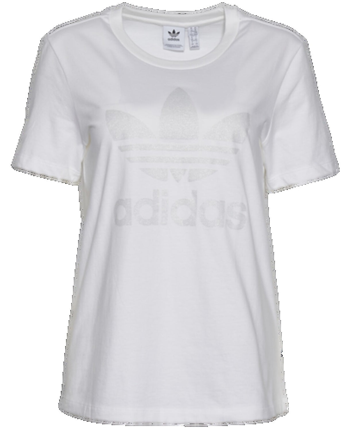 Camiseta feminina adidas de algodão com glitter canelado e logo gráfico, manga curta e gola redonda, branca, tamanho X-S