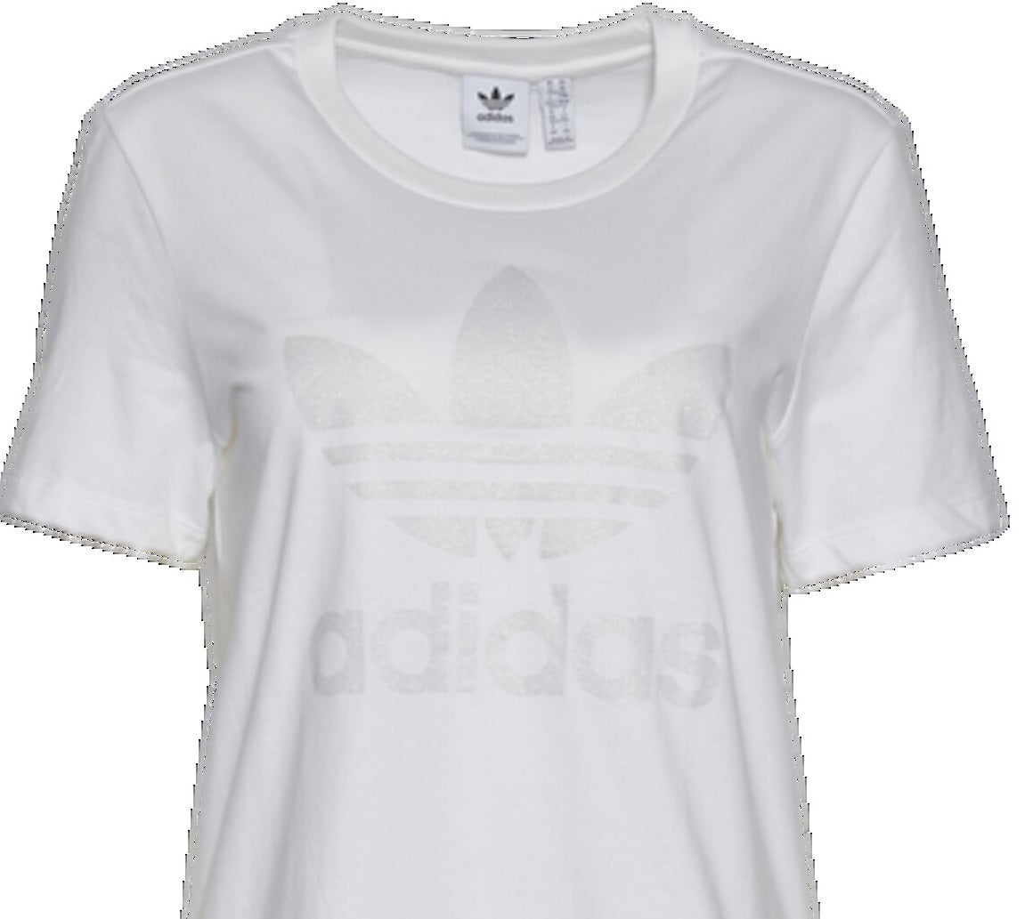 Camiseta feminina adidas de algodão com glitter canelado e logo gráfico, manga curta e gola redonda, branca, tamanho X-S