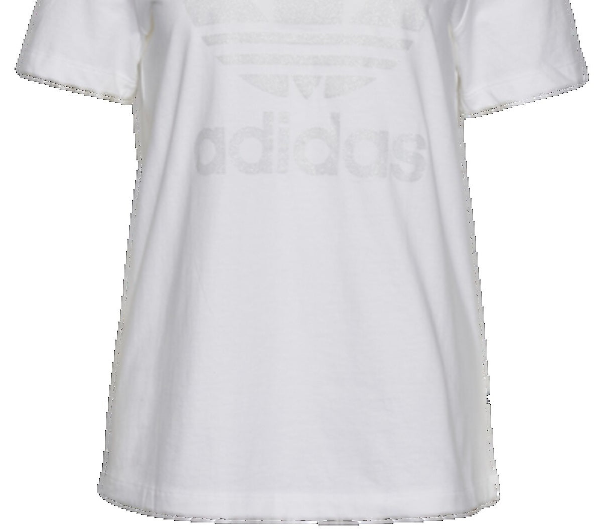 Camiseta feminina adidas de algodão com glitter canelado e logo gráfico, manga curta e gola redonda, branca, tamanho X-S