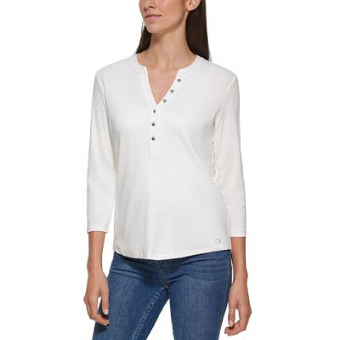 Calvin Klein Top Henley Feminino Manga 3/4 Botões Frontais Branco Tamanho P