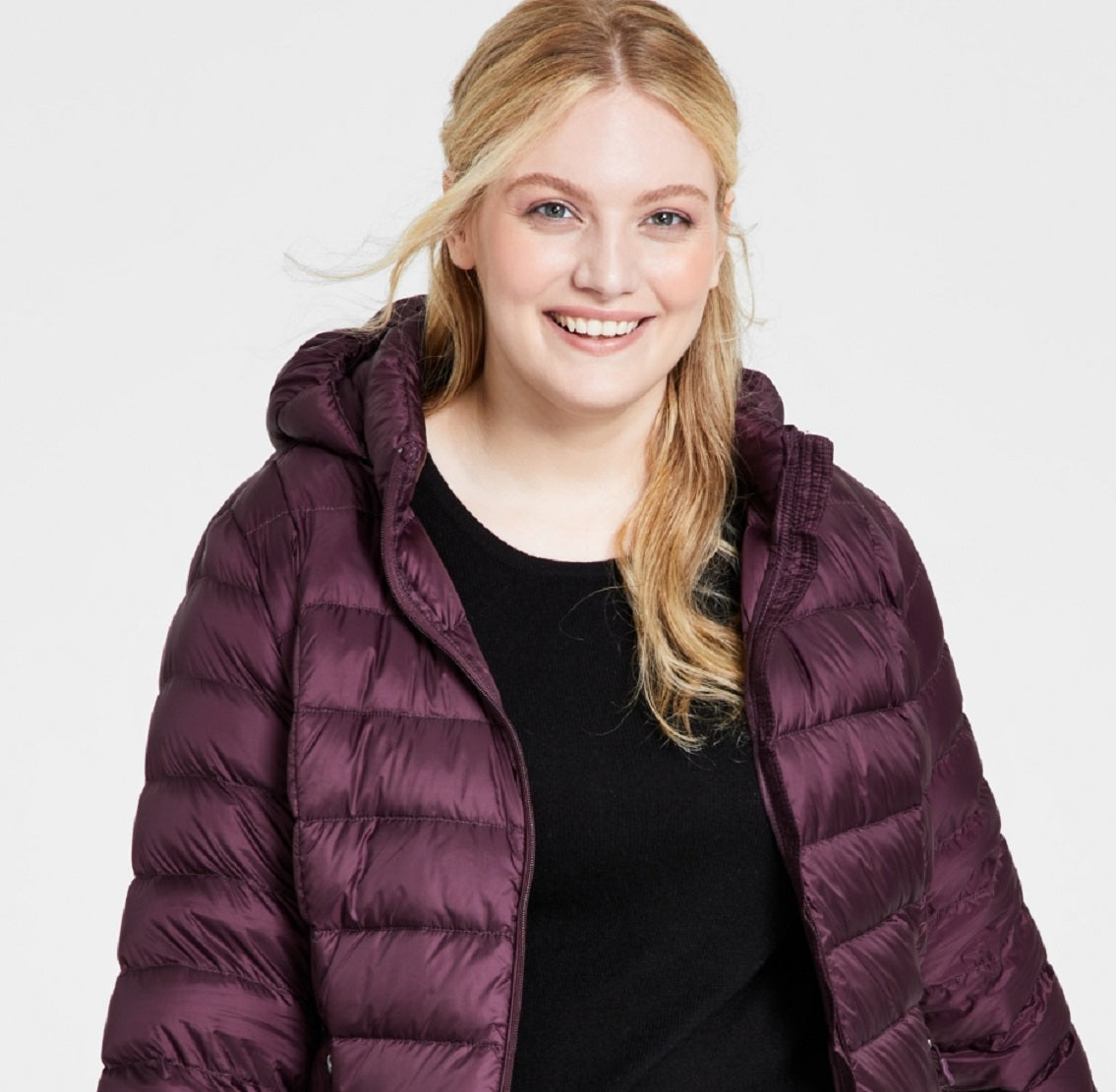 Casaco feminino Charter Club com capuz e plumas dobráveis, roxo, tamanho 2X