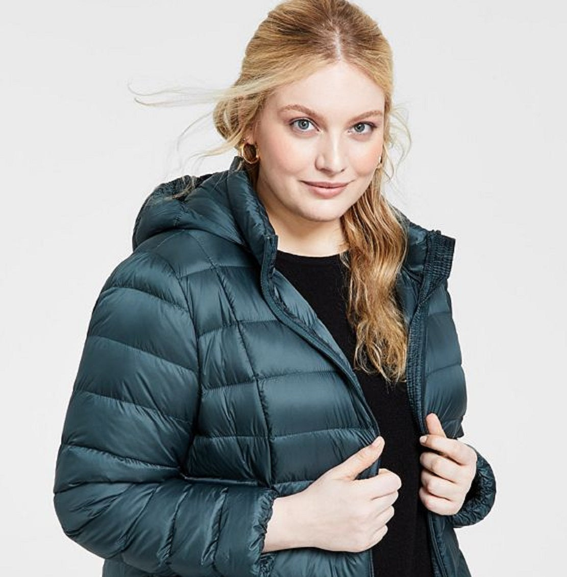 Casaco feminino Charter Club com capuz e plumas dobráveis, verde, tamanho 2X