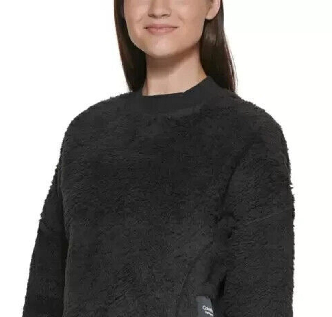Blusa curta Calvin Klein feminina de lã sintética Sherpa, preta, tamanho X-G
