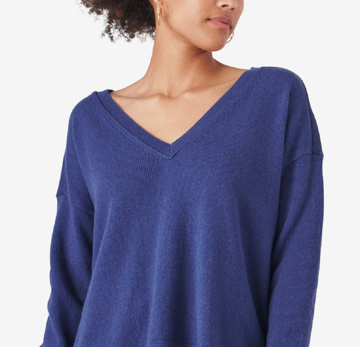 Suéter feminino Lucky Brand com decote em V e mistura de algodão, azul, tamanho médio