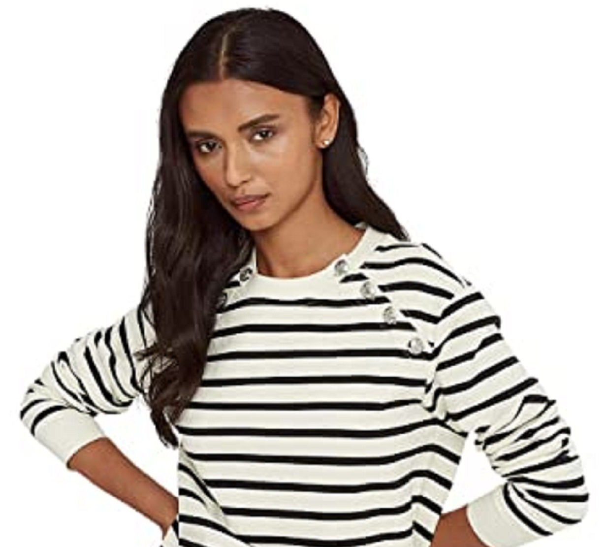 Moletom feminino Ralph Lauren listrado com acabamento em botões, preto, tamanho extragrande