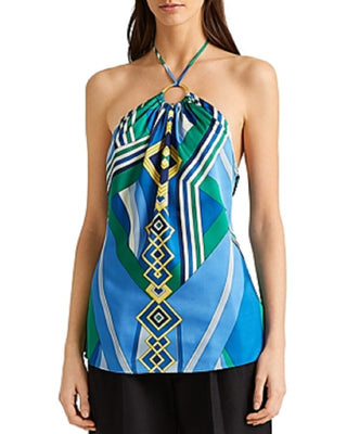 Top Halter sem mangas estampado feminino Ralph Lauren, azul, tamanho 10