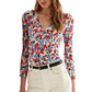 Blusa Ralph Lauren Feminina Estampada com Elástico e Manga Longa, Gola Surplice, Azul, Tamanho Médio