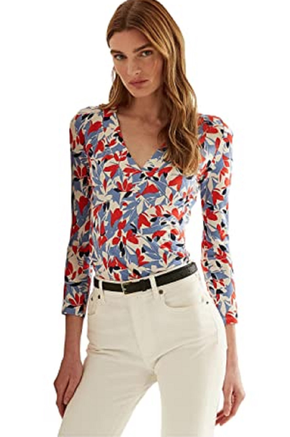 Blusa Ralph Lauren Feminina Estampada com Elástico e Manga Longa, Gola Surplice, Azul, Tamanho Médio