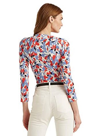 Blusa Ralph Lauren Feminina Estampada com Elástico e Manga Longa, Gola Surplice, Azul, Tamanho Médio