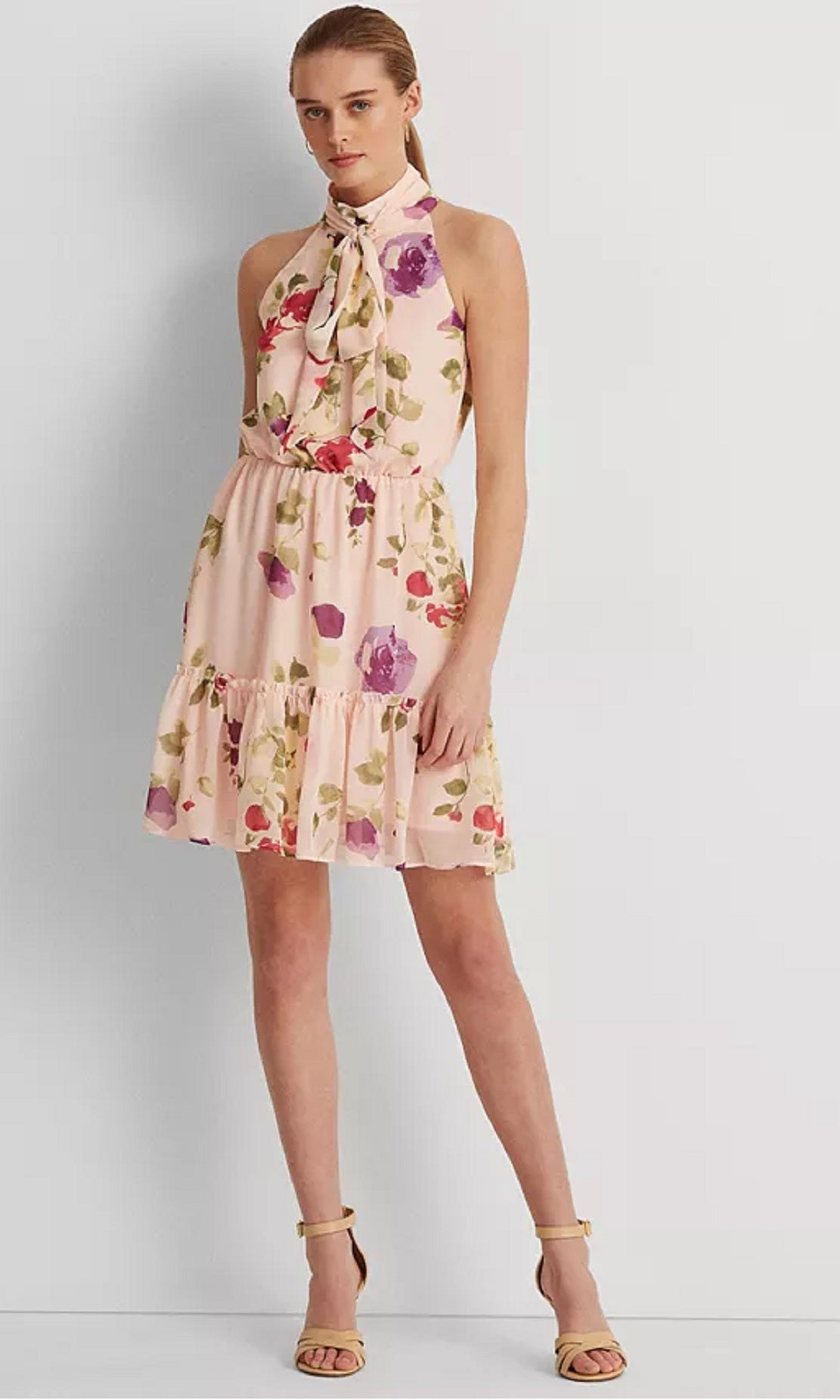Vestido sem mangas de chiffon floral feminino Ralph Lauren, rosa, tamanho 10