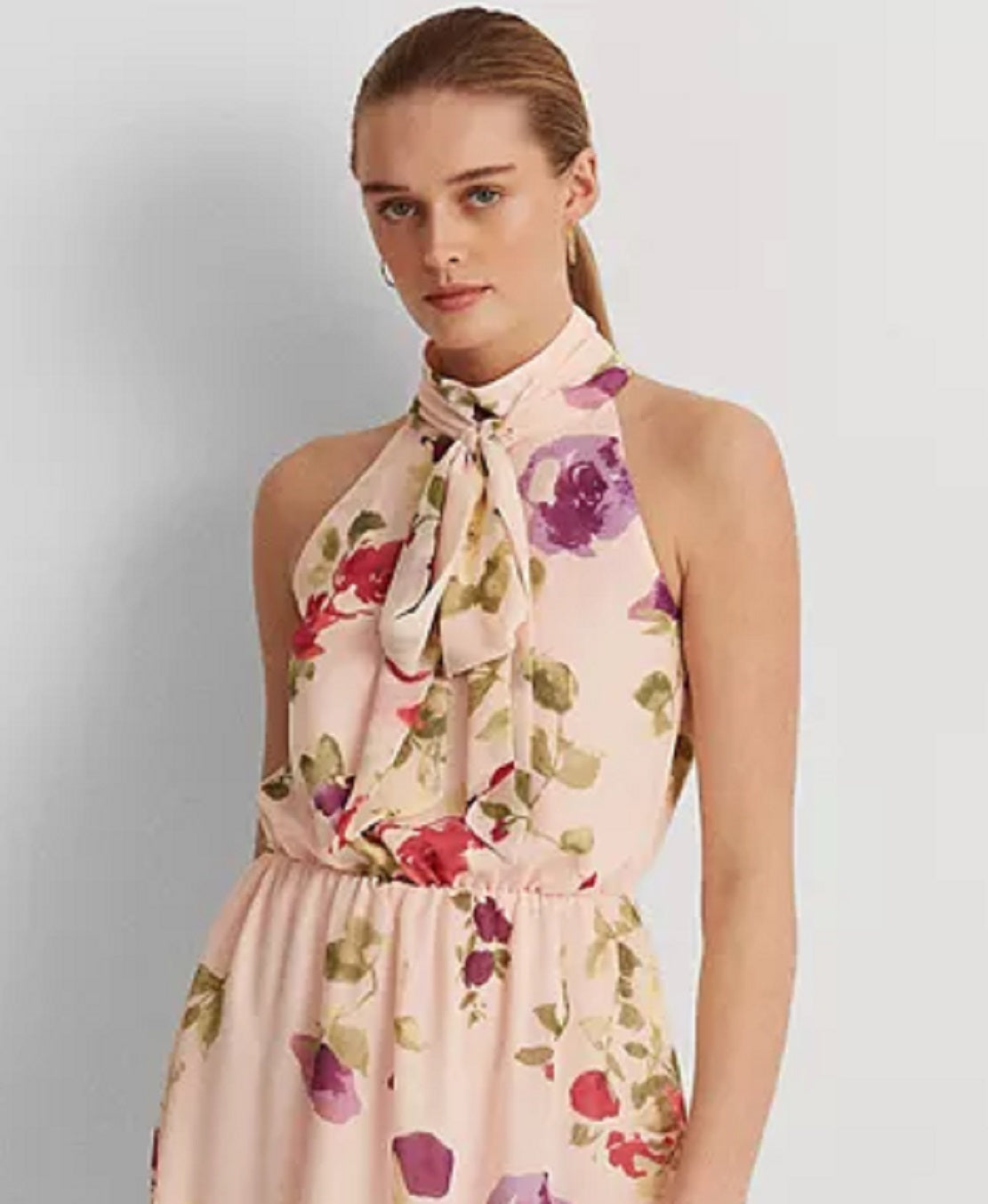 Vestido sem mangas de chiffon floral feminino Ralph Lauren, rosa, tamanho 10