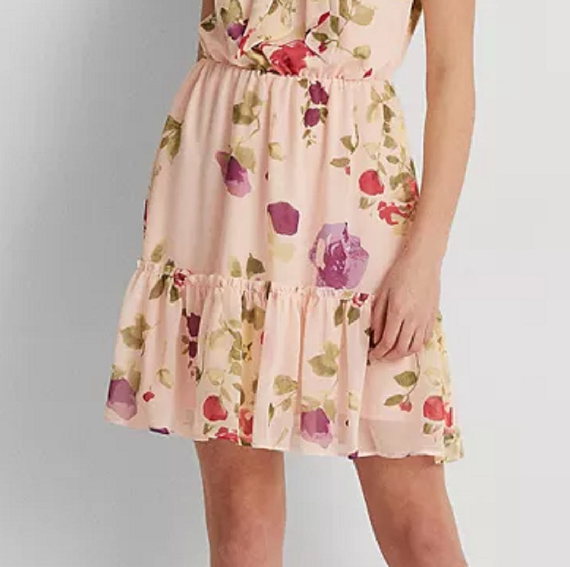 Vestido sem mangas de chiffon floral feminino Ralph Lauren, rosa, tamanho 10