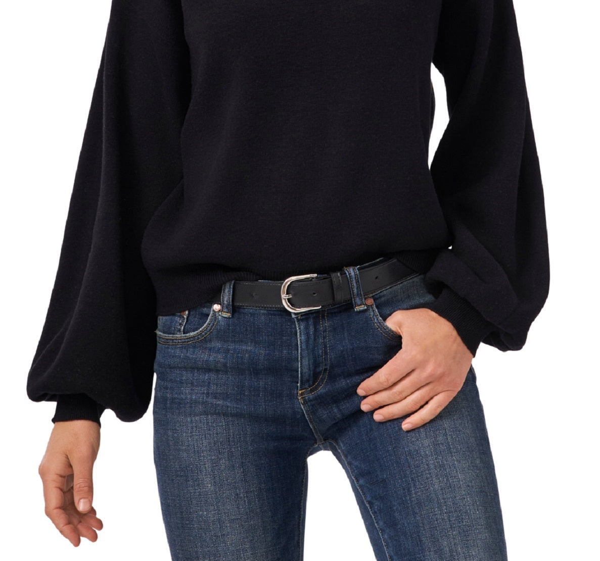 Suéter feminino Vince Camuto com manga de bispo e mistura de algodão, preto, tamanho médio
