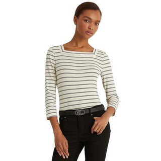 Blusa feminina Ralph Lauren listrada de algodão elástico, preta, tamanho extragrande