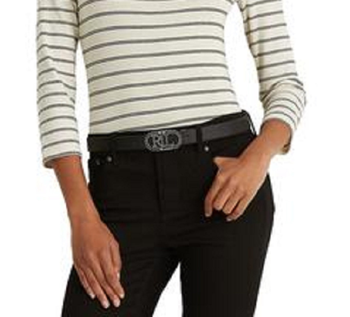 Blusa feminina Ralph Lauren listrada de algodão elástico, preta, tamanho extragrande