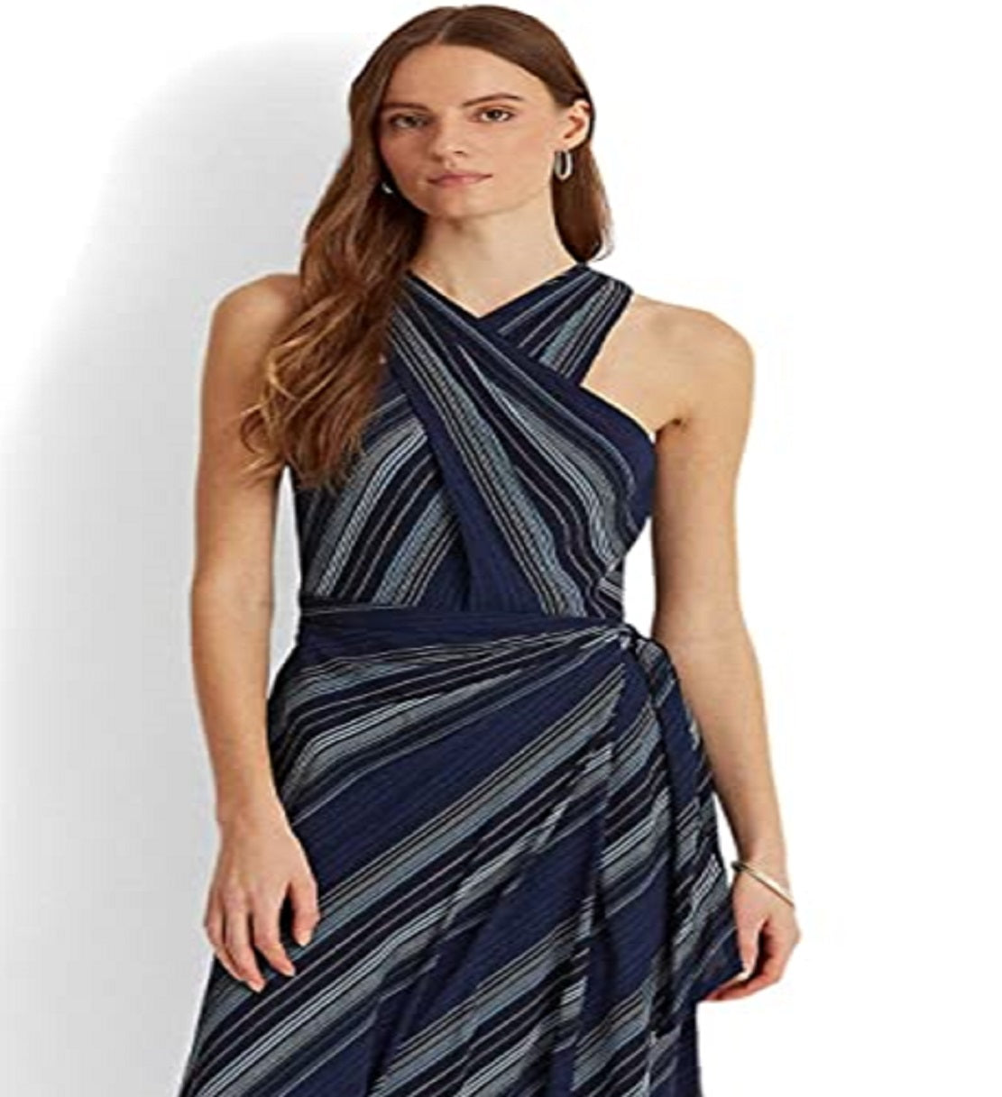Vestido Halter Ralph Lauren Feminino Listrado Crinkle Georgette Azul Tamanho 4