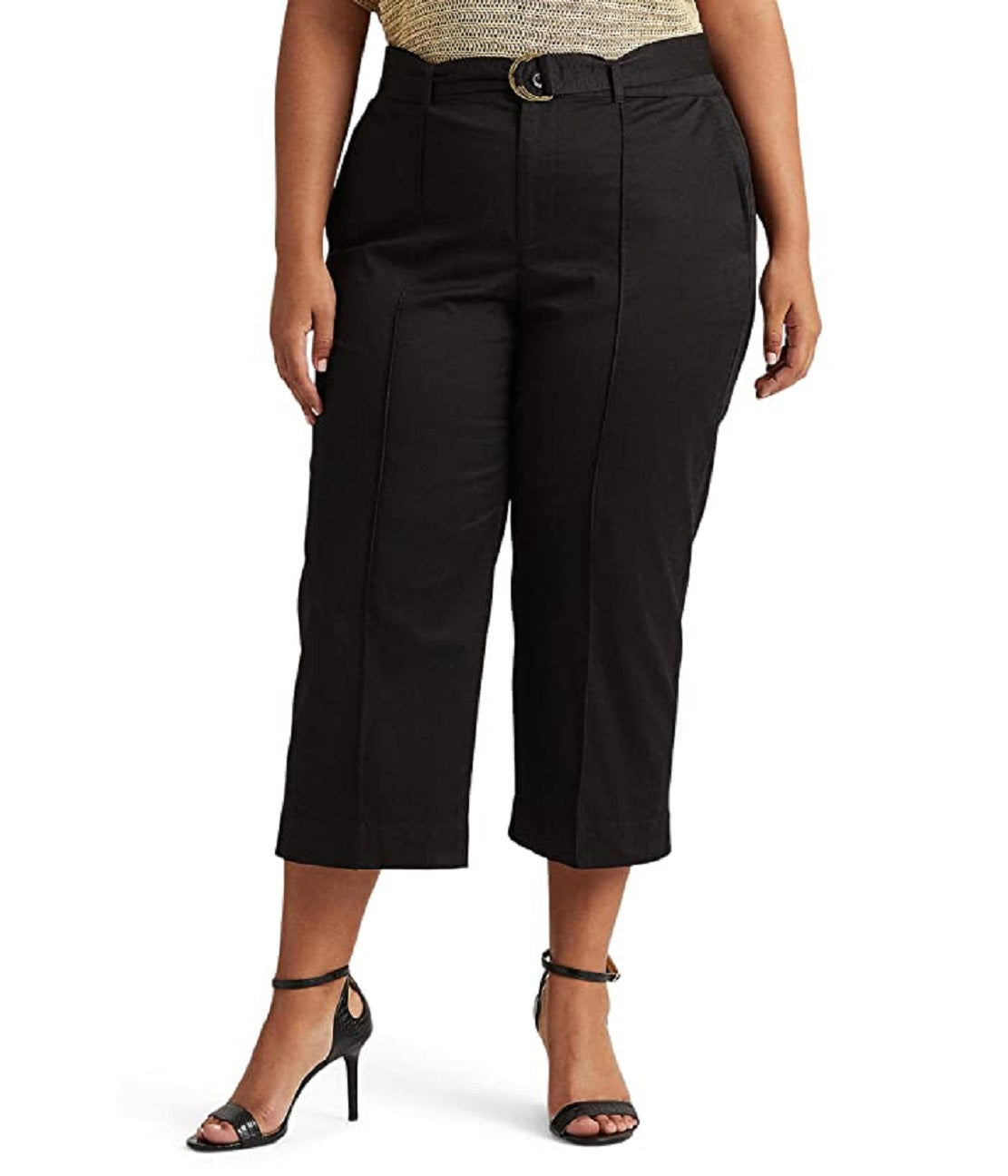 Calça feminina Ralph Lauren Micro Sanded Twill com cinto e perna larga, preta, tamanho 14W