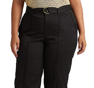 Calça feminina Ralph Lauren Micro Sanded Twill com cinto e perna larga, preta, tamanho 14W