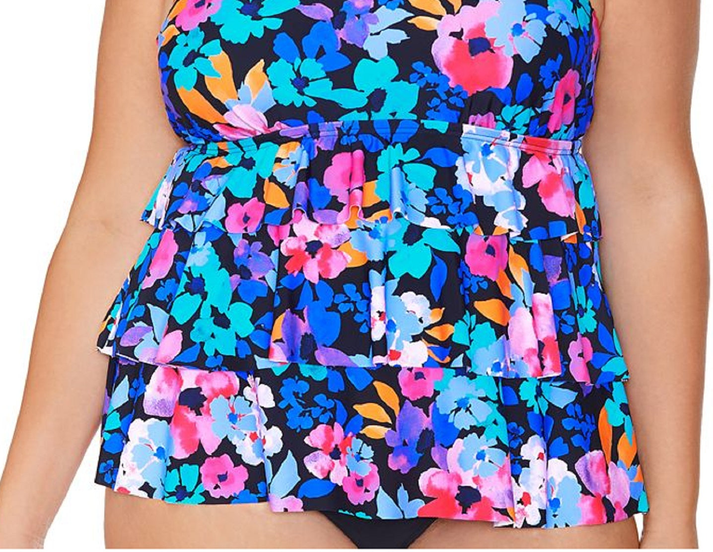 Top tankini com aro e estampa floral plus size Island Escape feminino, preto, tamanho 16W