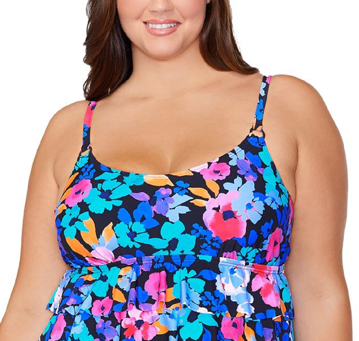 Top tankini com aro e estampa floral plus size Island Escape feminino, preto, tamanho 16W