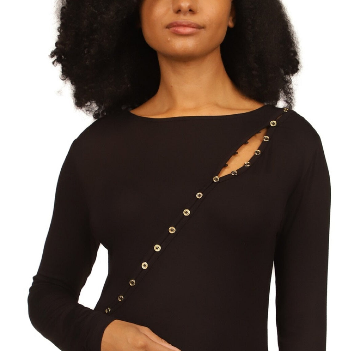 Blusa de malha assimétrica com botões frontais Michael Kors feminina, preta, tamanho grande