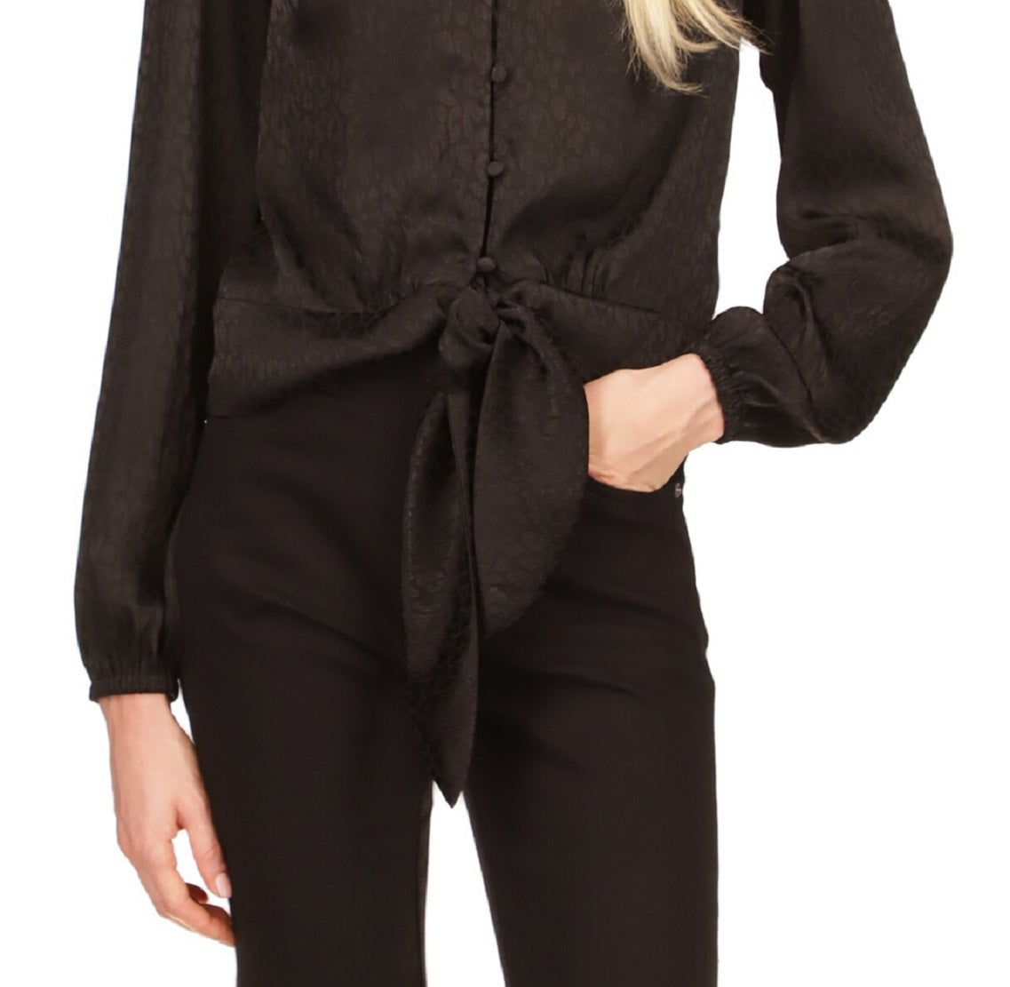 Camisa feminina Michael Kors com estampa de animais em jacquard e amarração frontal, preta, tamanho grande