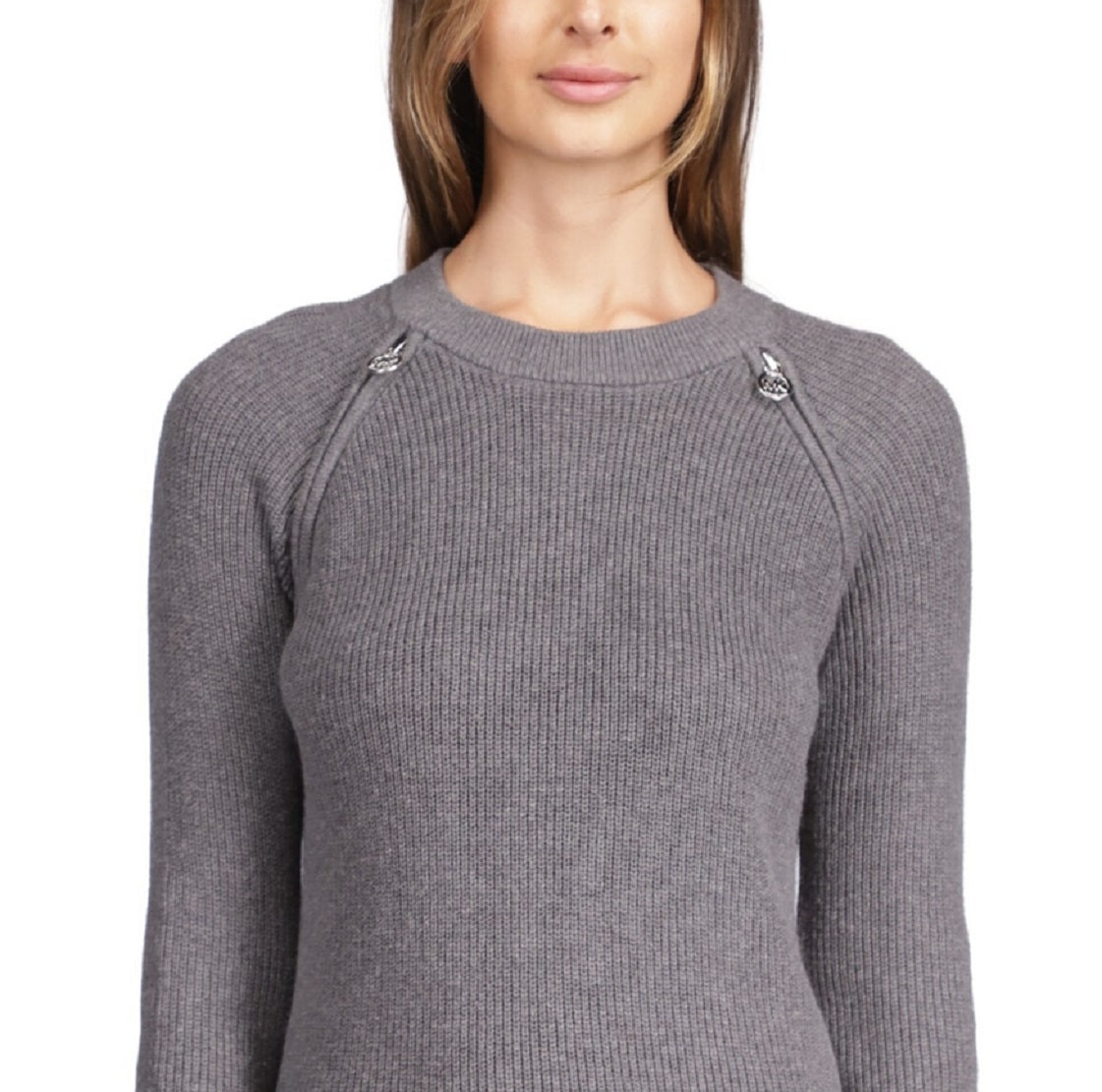 Suéter feminino Michael Kors Shaker Knit com zíper, cinza, tamanho pequeno