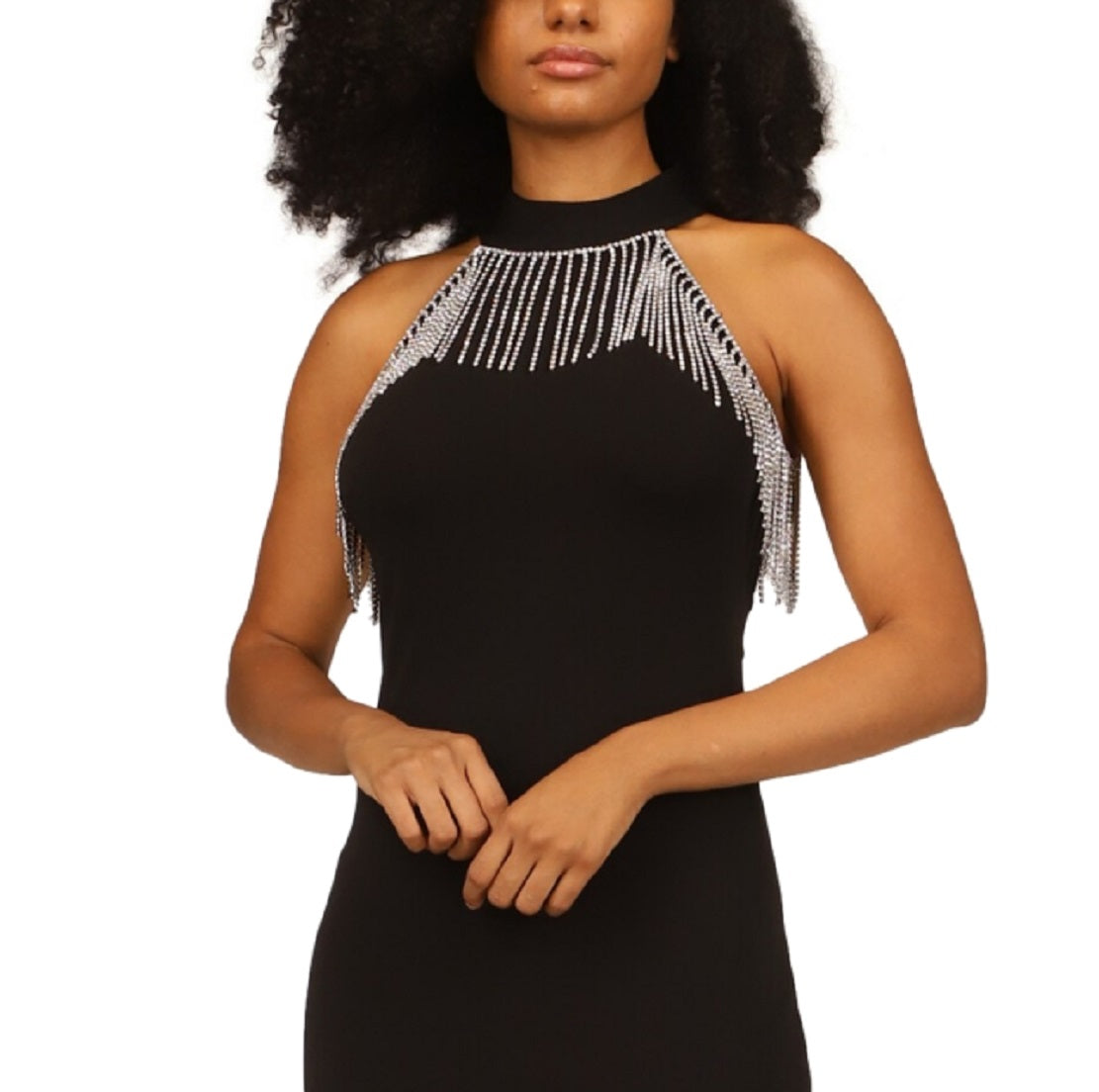 Vestido justo com franjas e strass feminino Michael Kors, preto, tamanho pequeno