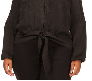 Blusa feminina Michael Kors com bainha jacquard e amarração, preta, tamanho 2X