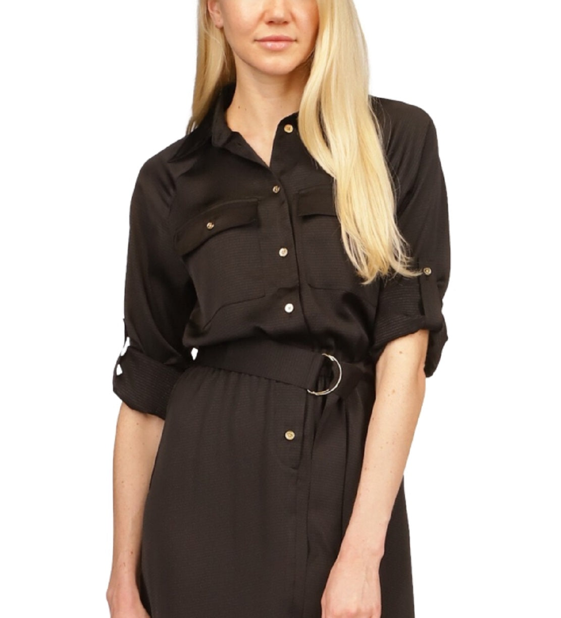 Vestido utilitário feminino Michael Kors com mangas dobradas, preto, tamanho pequeno