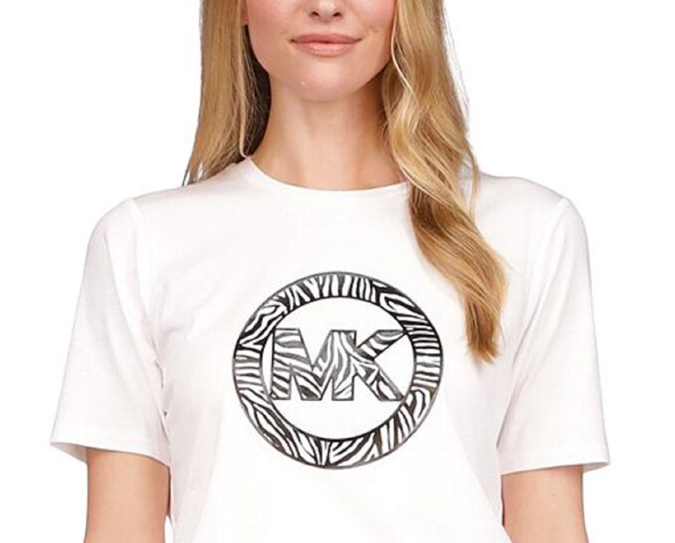 Camiseta feminina Michael Kors com estampa de logotipo e pingente, branca, tamanho médio