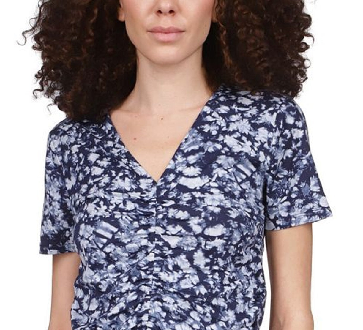 Blusa franzida com estampa tingida Michael Kors feminina, azul, tamanho pequeno, extragrande