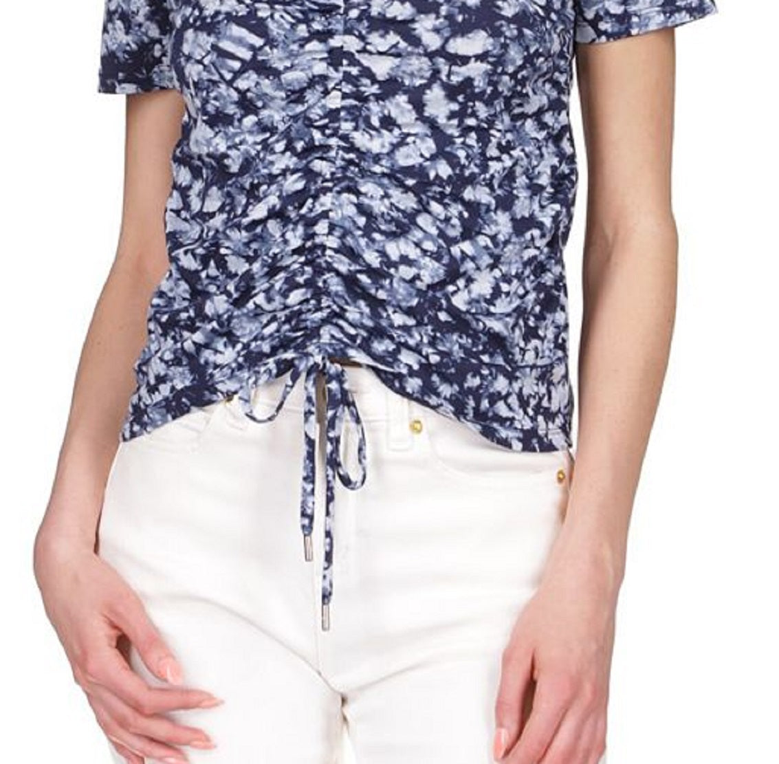 Blusa franzida com estampa tingida Michael Kors feminina, azul, tamanho pequeno, extragrande