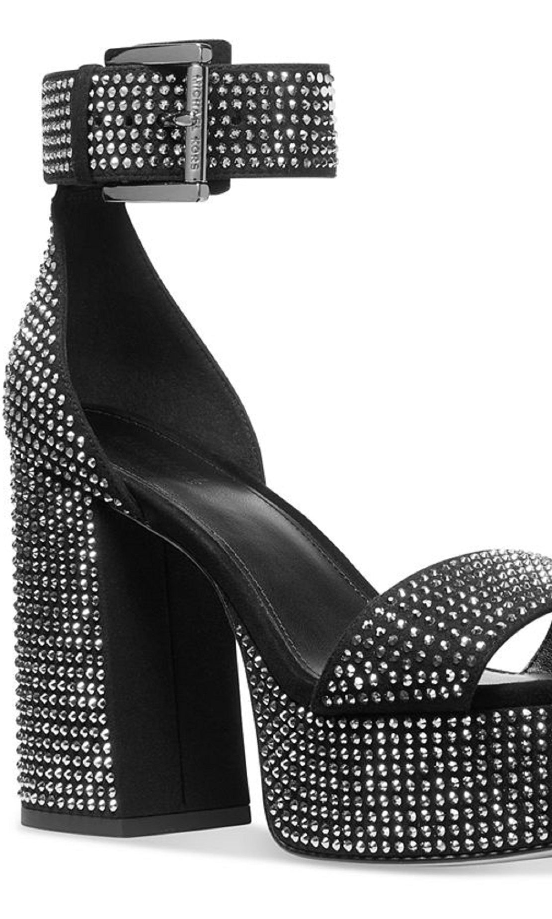 Sandália feminina Michael Kors Tara com plataforma cravejada e tira no tornozelo, preta, tamanho 7,5