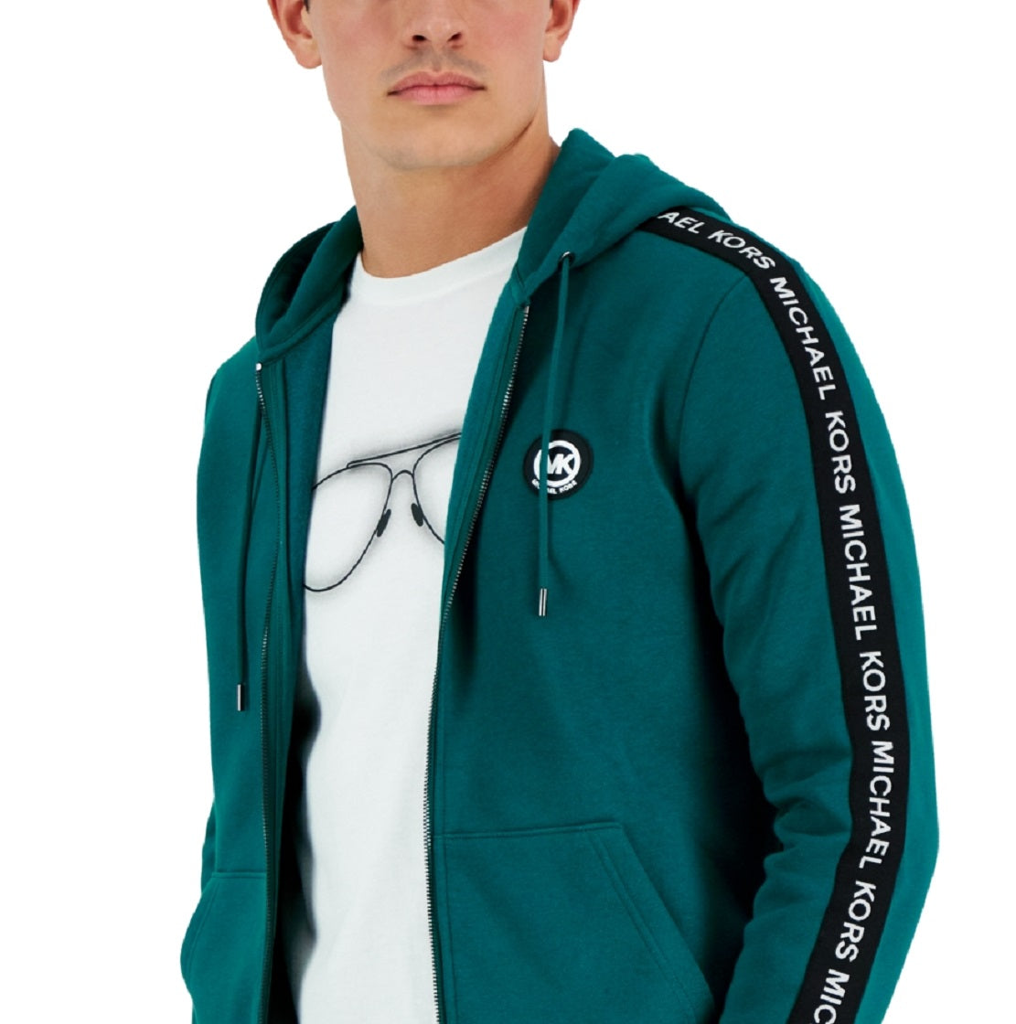Moletom com capuz masculino Michael Kors com fita de logotipo verde, tamanho médio