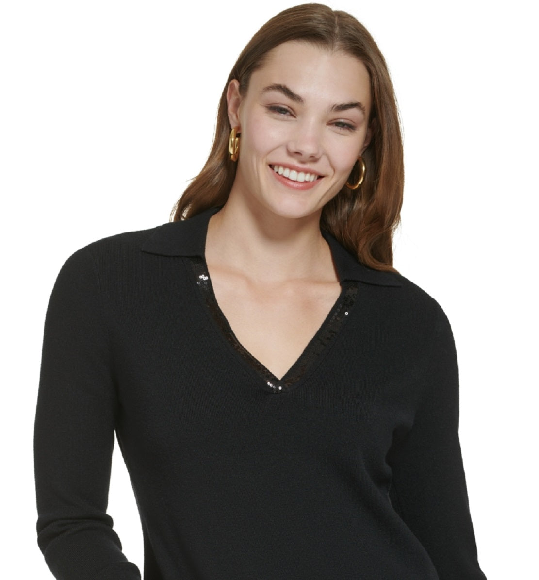 Suéter Calvin Klein Feminino Gola V com Acabamento em Lantejoulas Preto Tamanho Médio