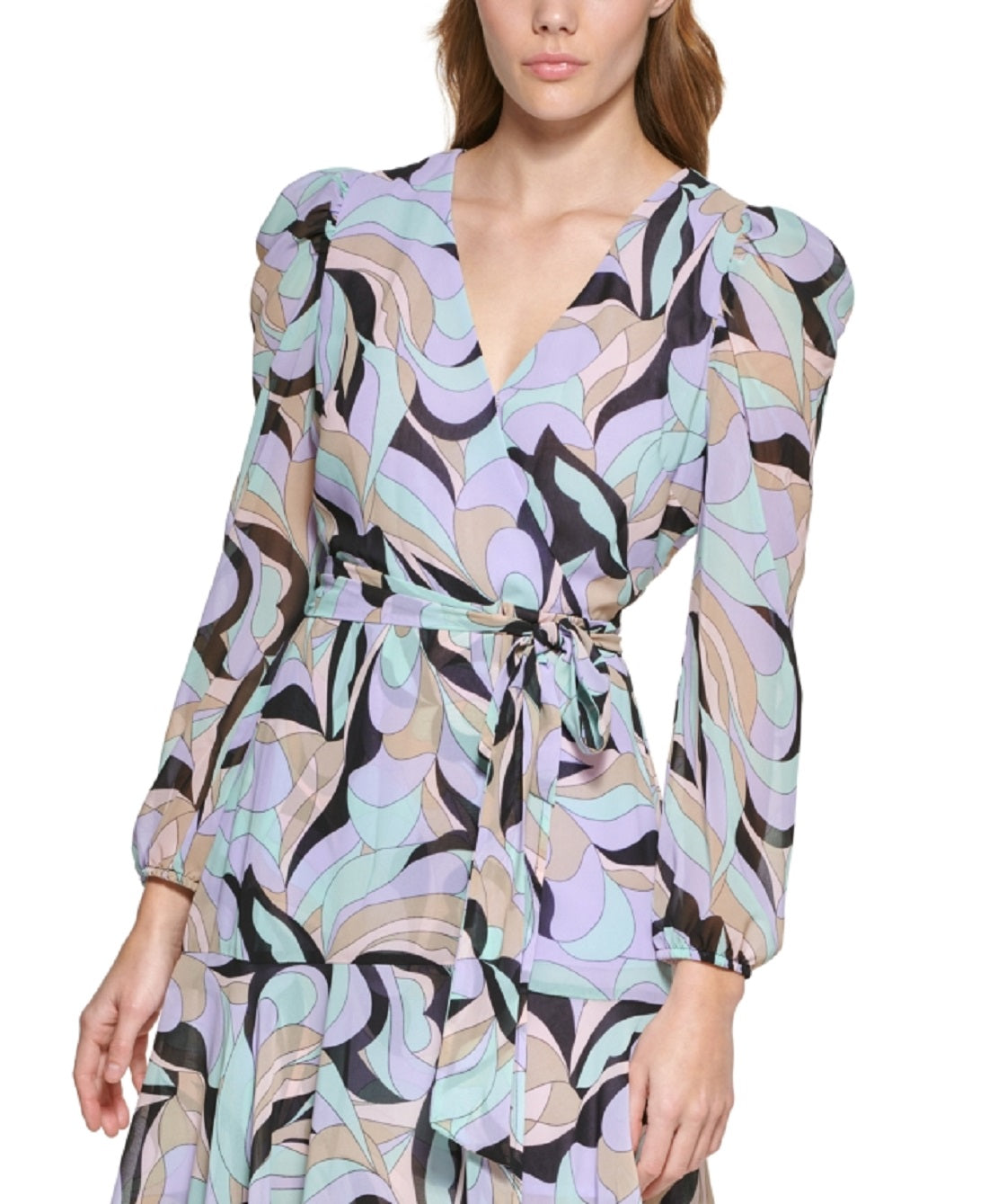 Vestido midi envelope estampado com ombros bufantes Calvin Klein feminino, preto, tamanho 8