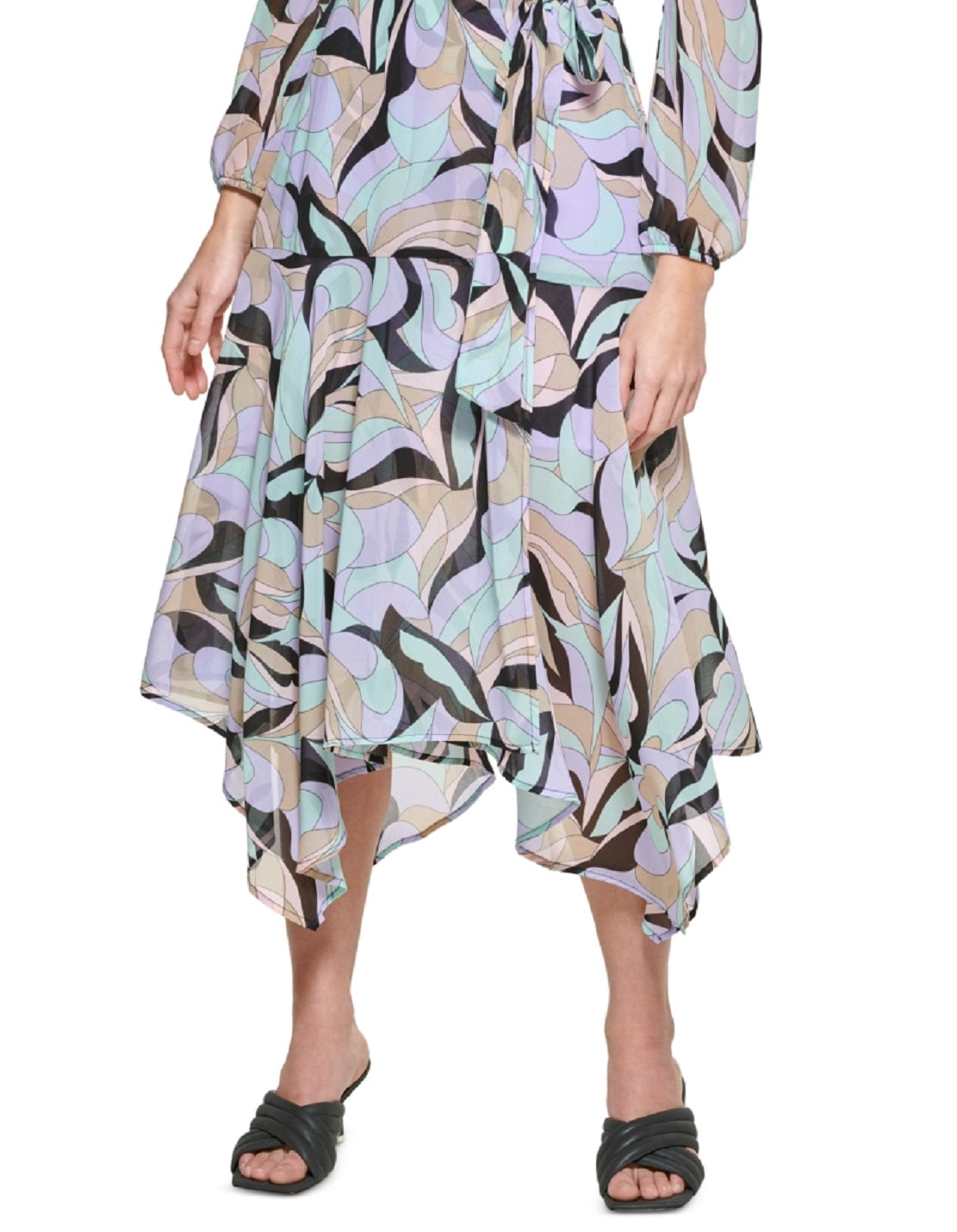 Vestido midi envelope estampado com ombros bufantes Calvin Klein feminino, preto, tamanho 8