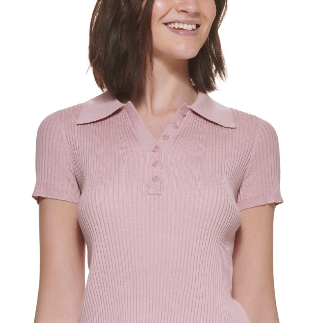 Calvin Klein Suéter Polo Feminino Canelado Rosa Tamanho Pequeno Extra Pequeno