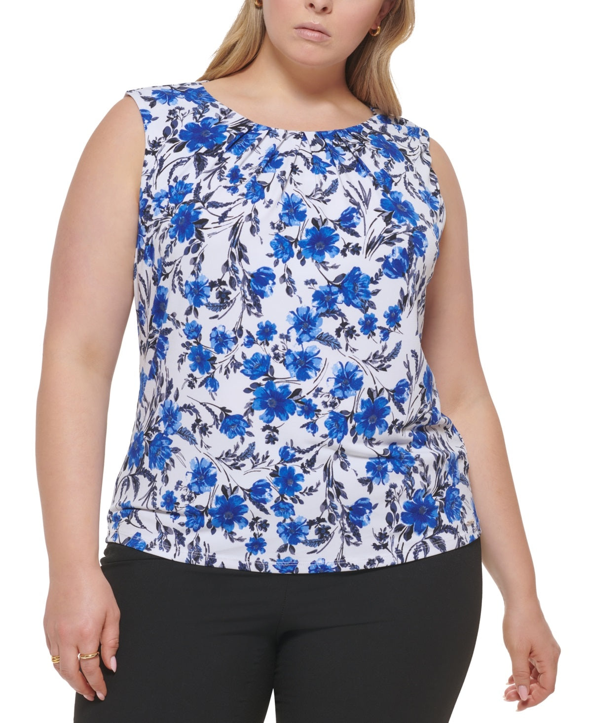 Blusa feminina Calvin Klein com gola plissada, azul, tamanho 2X