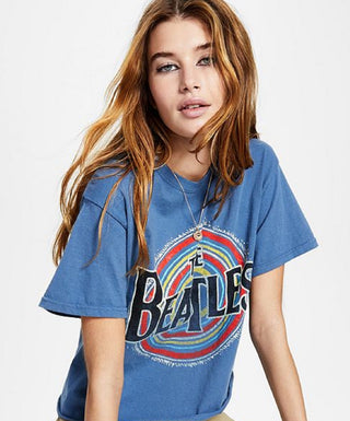 Camiseta feminina Junk Food de algodão com estampa gráfica dos Beatles, azul, tamanho grande