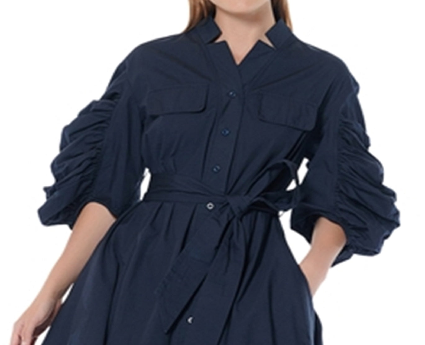 Vestido-camisa de algodão com manga franzida Gracia feminino, azul, tamanho pequeno