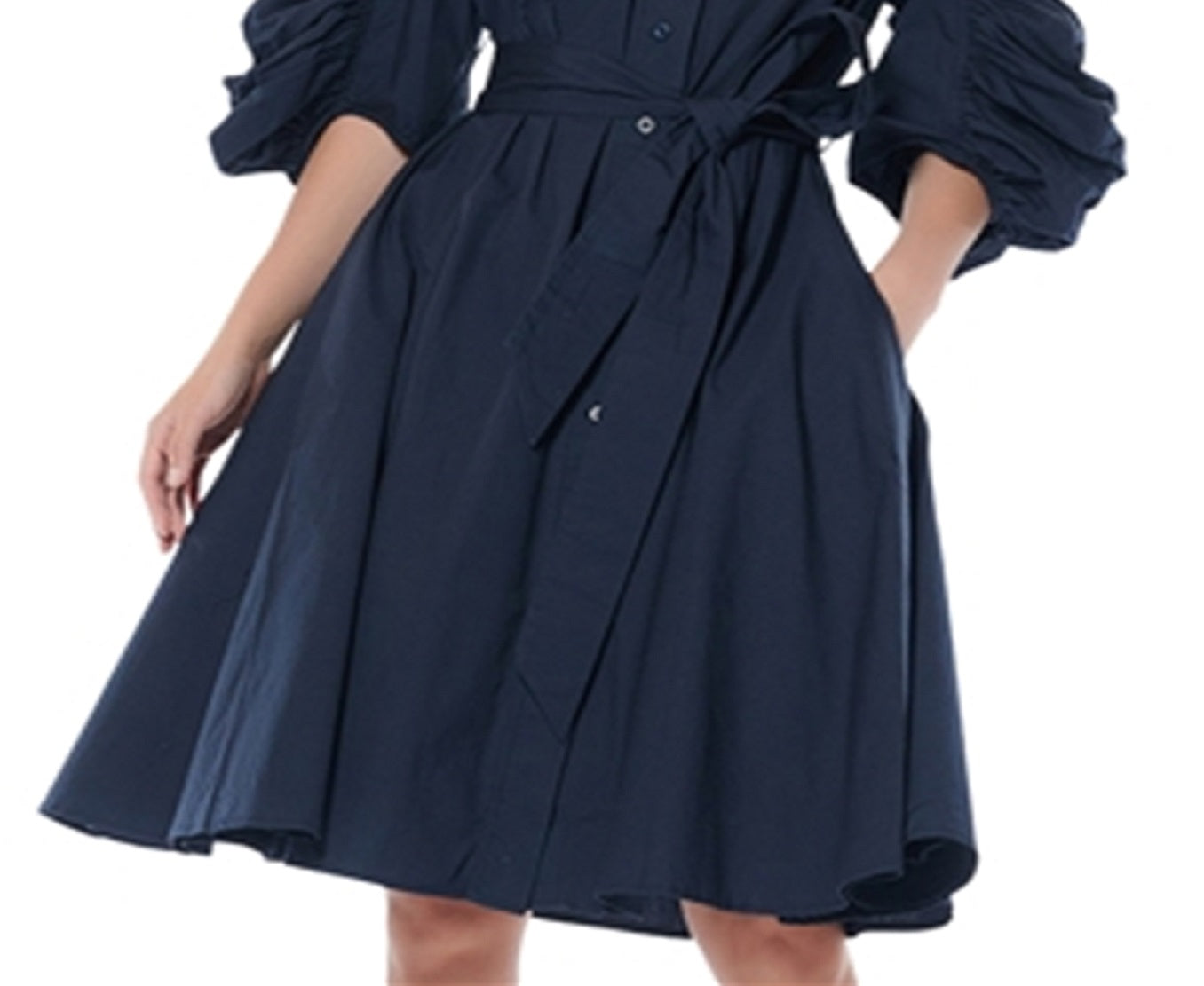 Vestido-camisa de algodão com manga franzida Gracia feminino, azul, tamanho pequeno