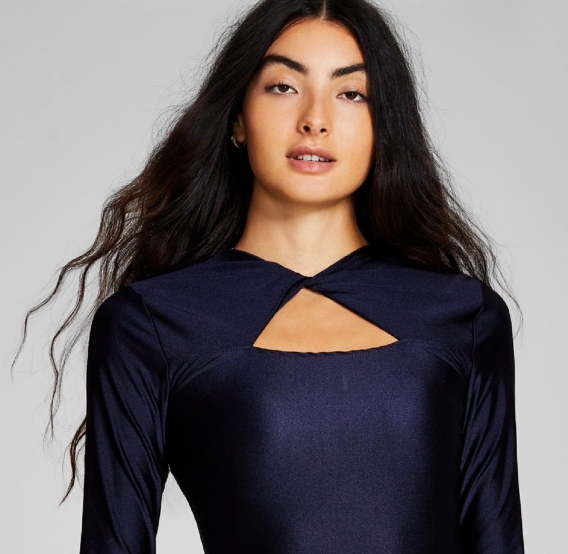 E agora este body feminino brilhante torcido manga comprida tanga azul tamanho pequeno