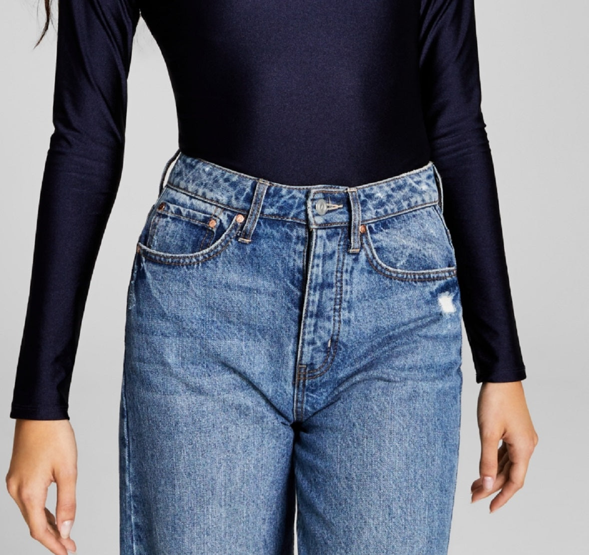 E agora este body feminino brilhante torcido manga comprida tanga azul tamanho pequeno